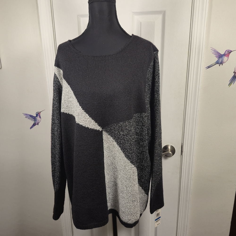 Karen Scott Black and Gray Color Block Geometric Knit Sweater Size XL